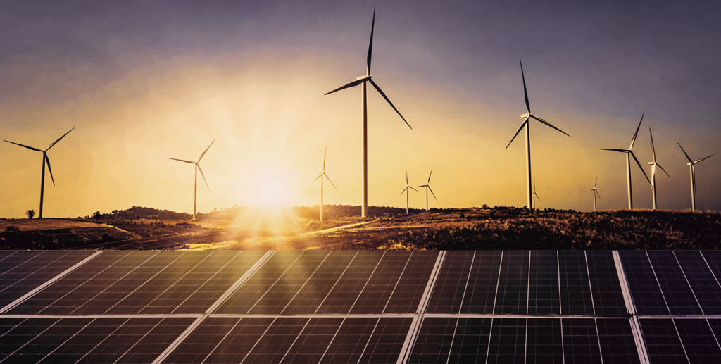 Turbinas eólicas e módulos fotovoltaicos para representar a transição energética